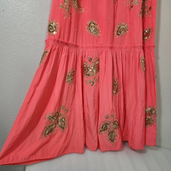 CALYPSO St. Barth Coral & Gold Maxi Dress Embroidered Sequin Sz XS DAMAGED - Picture 6 of 16